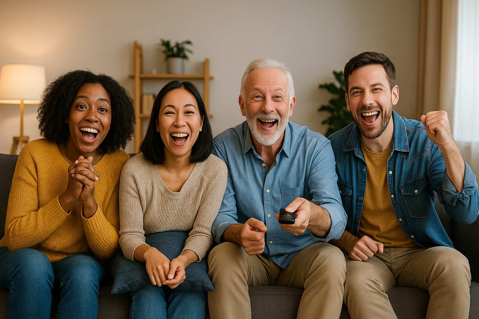 Friends and family in a living room watching reality TV together.
